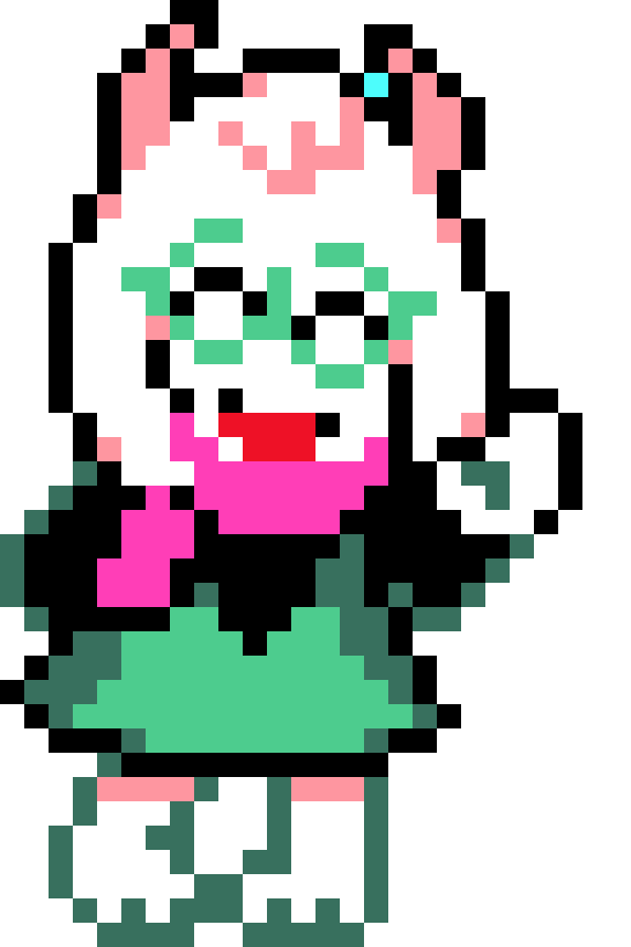 a sprite of ralsei wavinga and smiling with his eyes closed. one of his hands behind his back, and one of his legs is crooked upwards slightly.