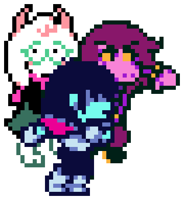 a sprite of kris, susie, and ralsei all sneakily walking.